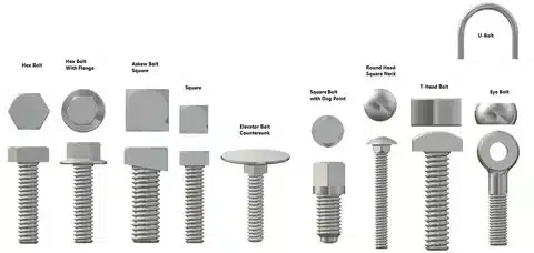 Diagram showing bolt head shapes including hex bolt, square bolt, T head bolt, U bolt, and eye bolt