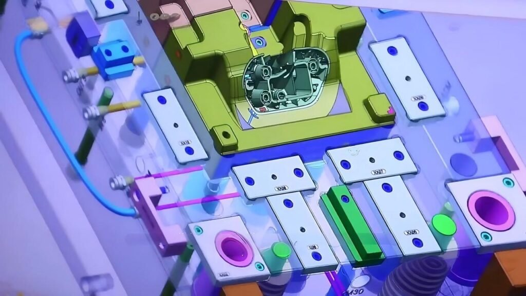 Color-coded internal components of an injection mold highlighting cooling lines, sliders, lifters, and cavity zones