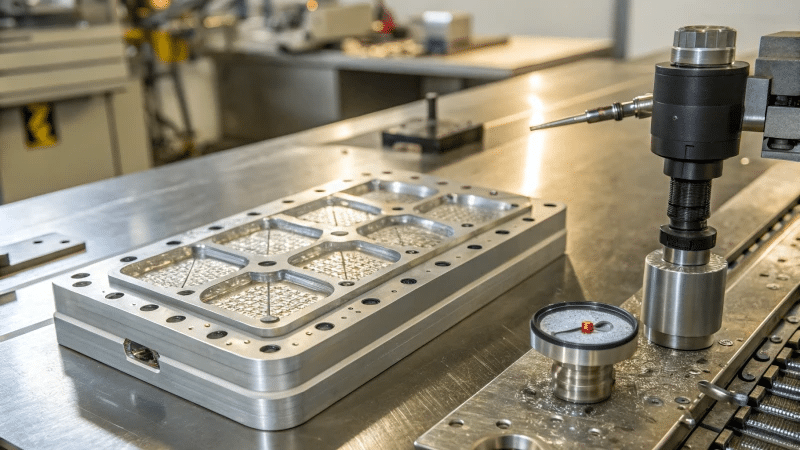 Precision mold inspection and measurement using dial gauge and probing tools for OEM quality control