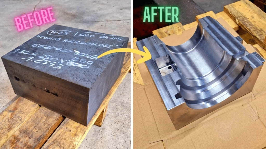 Before and after CNC machining of a mold component, showing transformation from raw steel block to precision machined tooling part