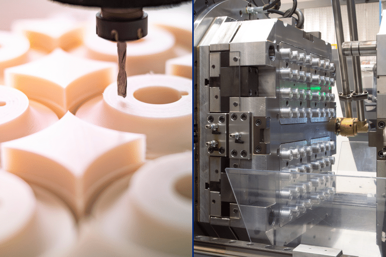 Side-by-side view of CNC machining plastic parts and injection molding tooling for precision plastic part production