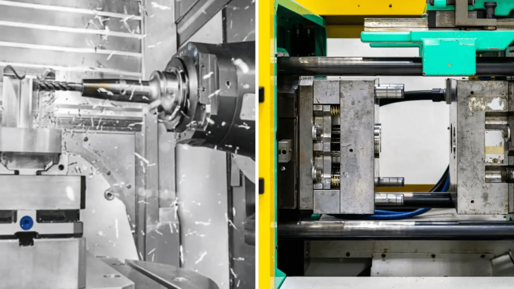 Side-by-side comparison of CNC machining and injection molding processes used to manufacture precision plastic parts