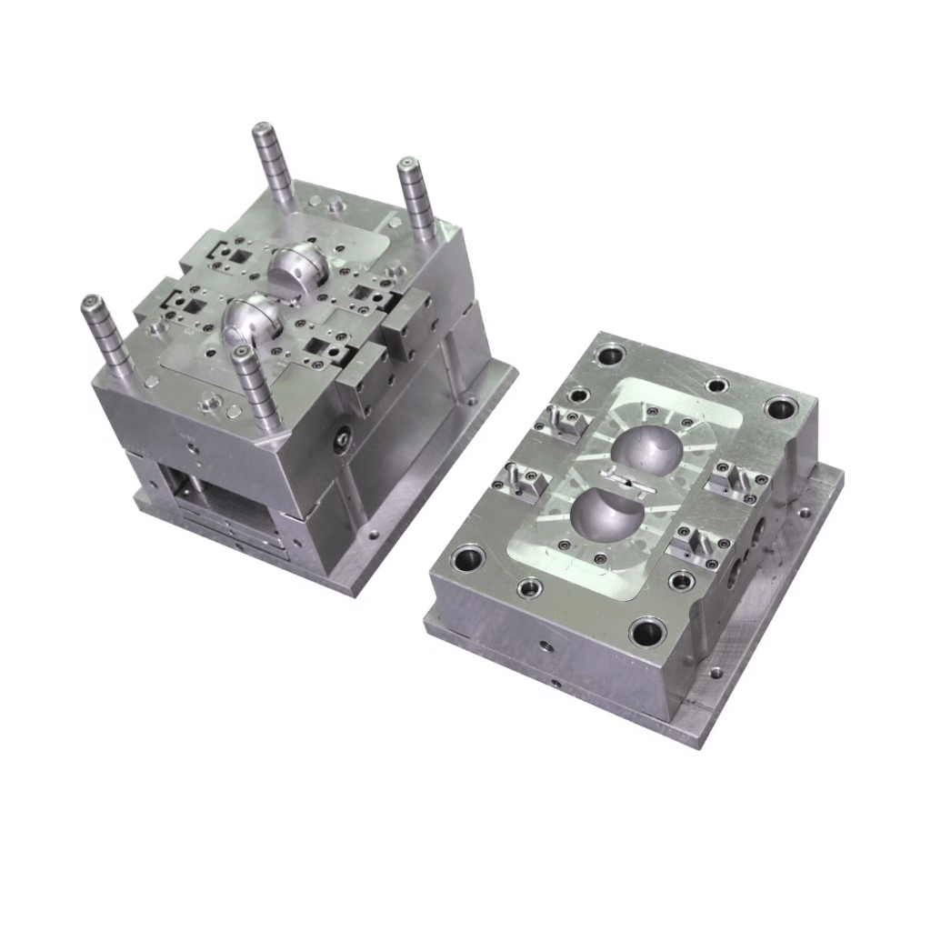 Precision injection mold with core and cavity components showing high-quality machining and stable mold structure