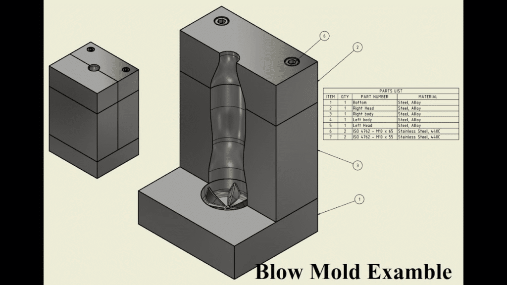 Blow mold design example showing parting line, core and cavity structure, and mold components affecting tooling lead time