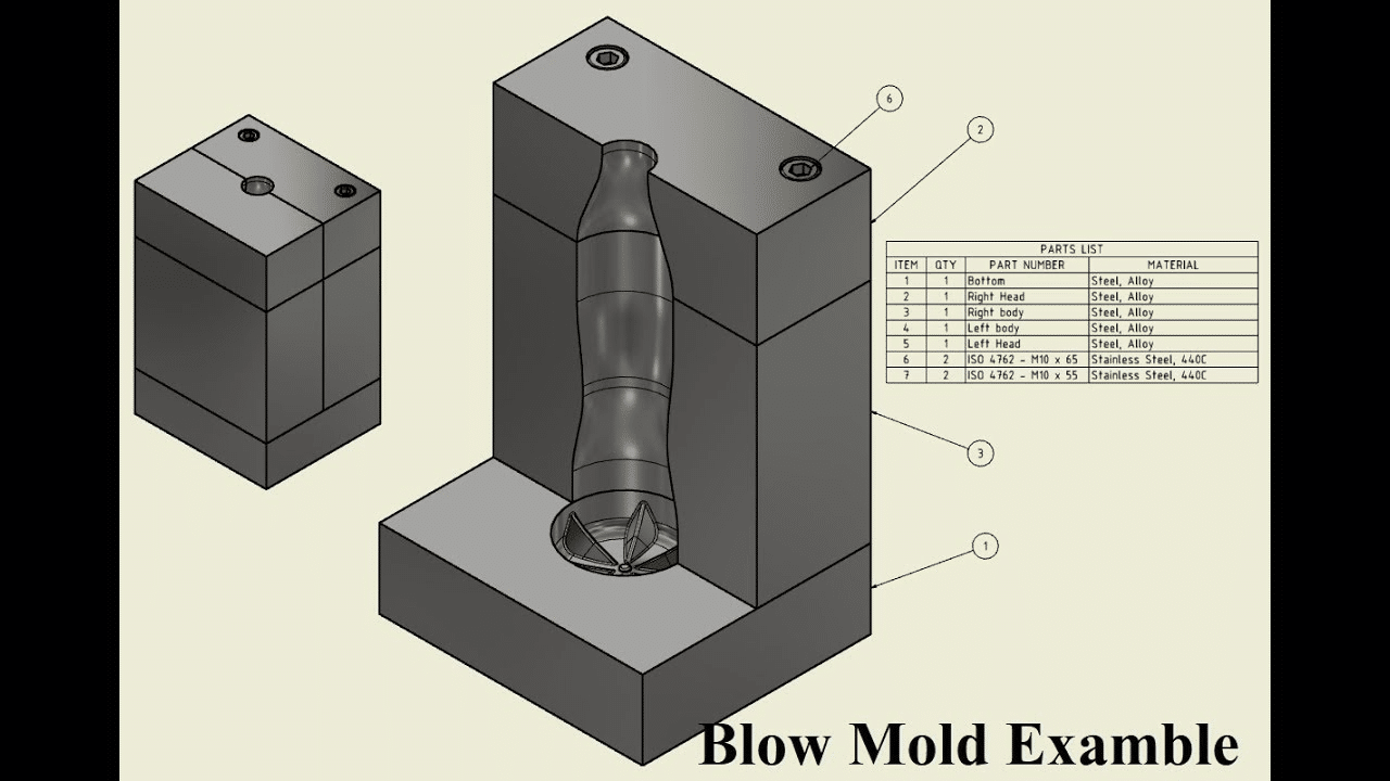 Blow mold design example showing parting line, core and cavity structure, and mold components affecting tooling lead time