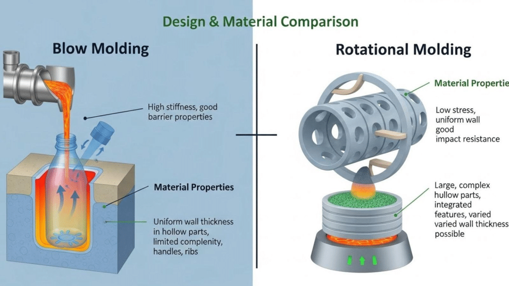 Blow molding vs rotational molding design comparison showing process structure and material properties that affect mold complexity and tooling lead time