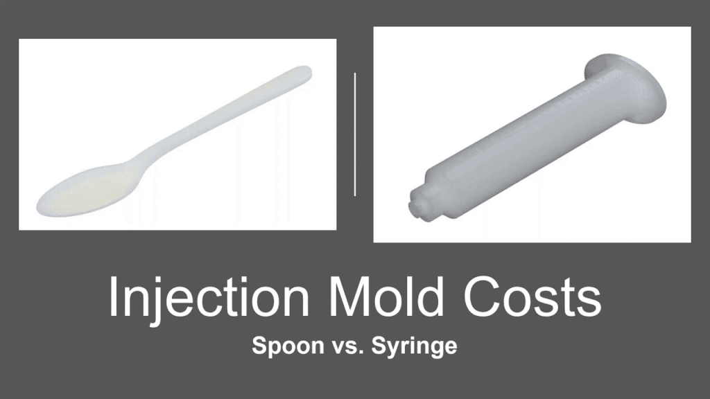 Injection mold cost comparison between a simple plastic spoon and a medical syringe showing how part complexity affects mold cost and tool life