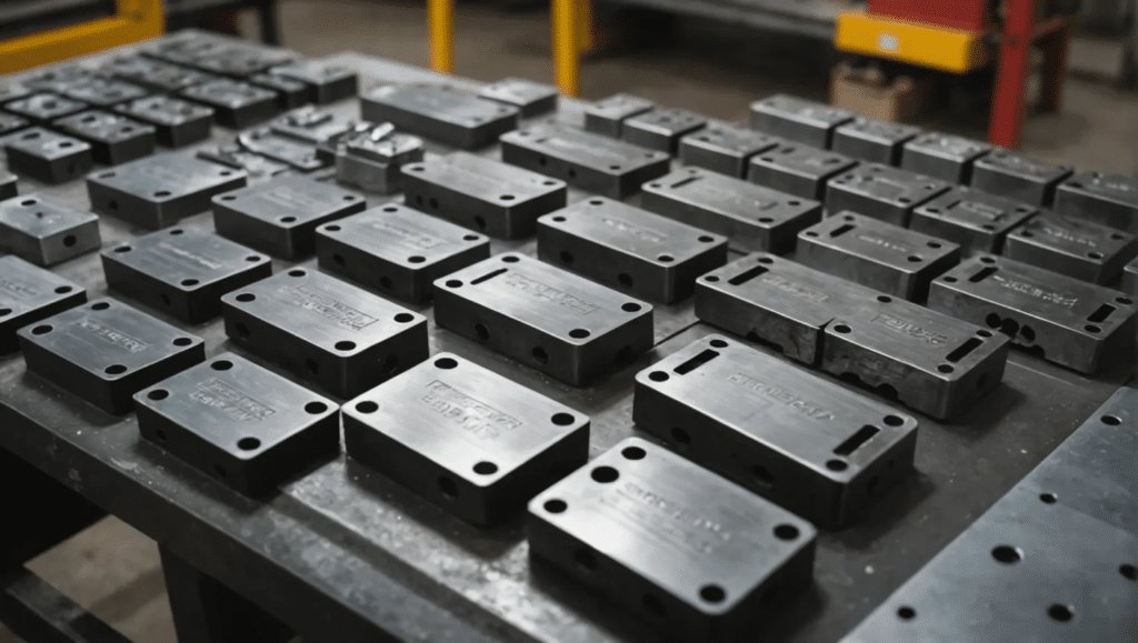 Batch of precision-machined mold inserts made from mold steel, prepared for injection molding applications requiring consistent tolerances and stable production quality