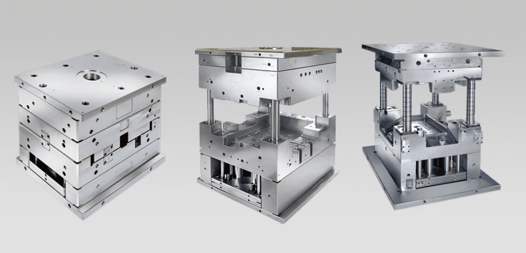 Different injection mold base structures and heights showing guide pillars, support plates, and rigidity differences affecting mold stability and performance