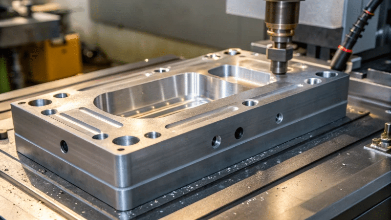 CNC machining of a precision injection mold base with high accuracy cavity milling and tight tolerances