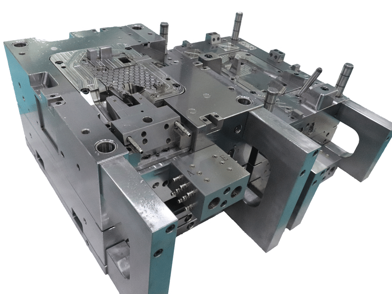 Complex precision injection mold with multi-plate structure, sliders, and alignment systems for tight tolerance molding