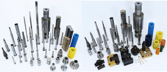 Precision mold components including ejector pins, guide elements, and springs for injection molding