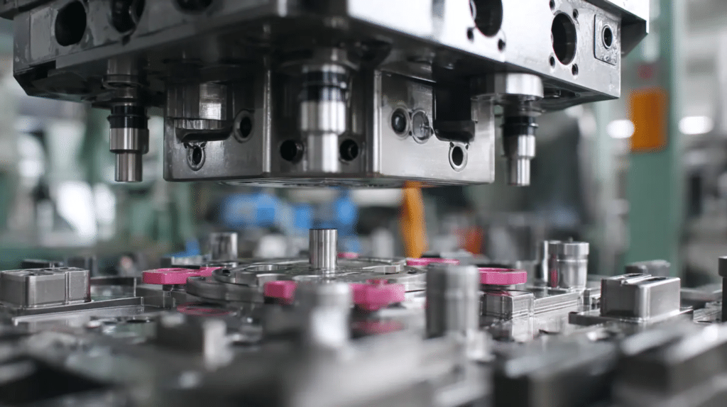 Precision injection mold alignment showing core and cavity positioning before mold trial