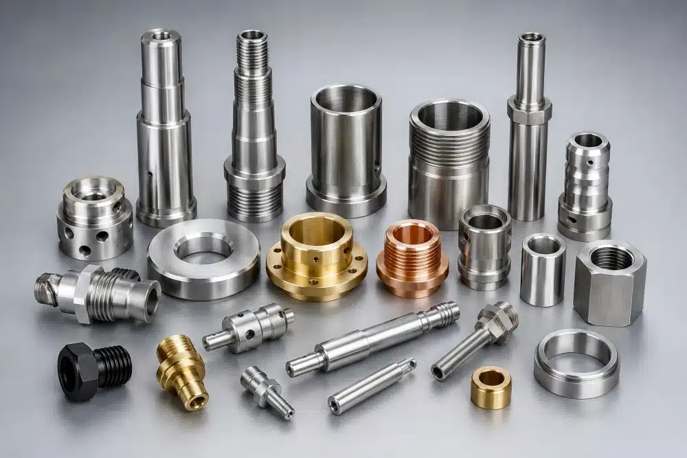 Multi-Material CNC Turned Components for OEM Applications Variety of CNC turned parts in stainless steel, brass, aluminum, and engineering plastics, showcasing material versatility and precision manufacturing for OEM projects